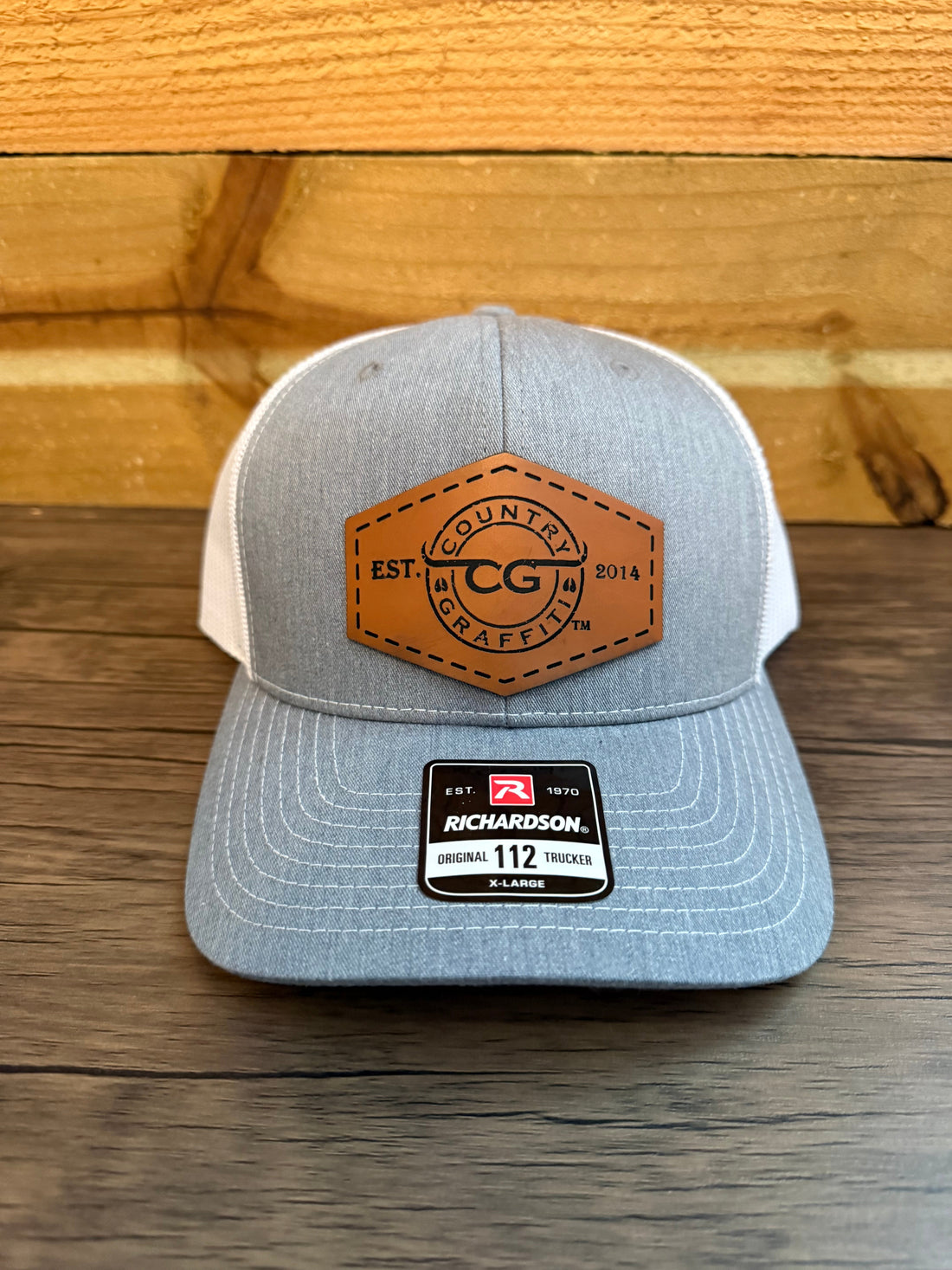 country graffiti hat heather gray with leather patch on a richardson 112 snap back