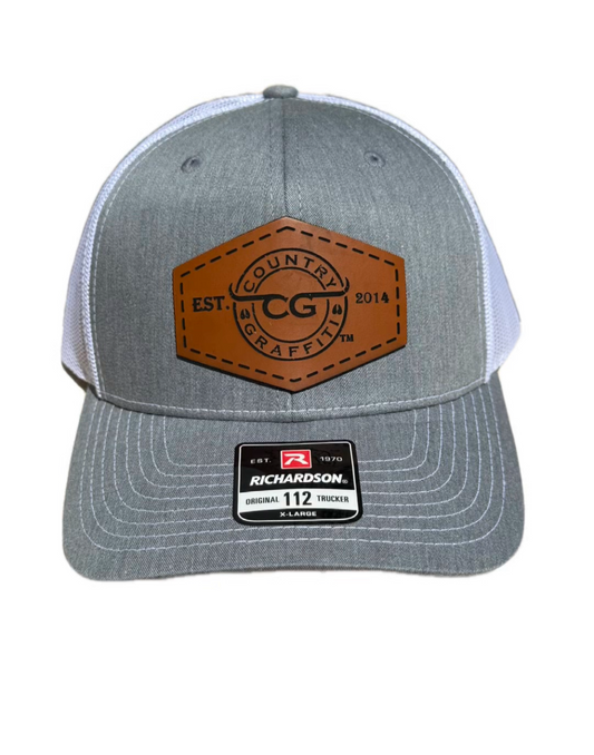 heather gray and white country graffiti logo on a richrdson 112 snapback trucker cap