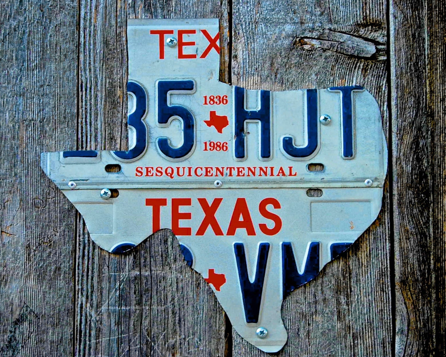 Texas-shaped license plate with 'TEXAS' on a wooden background