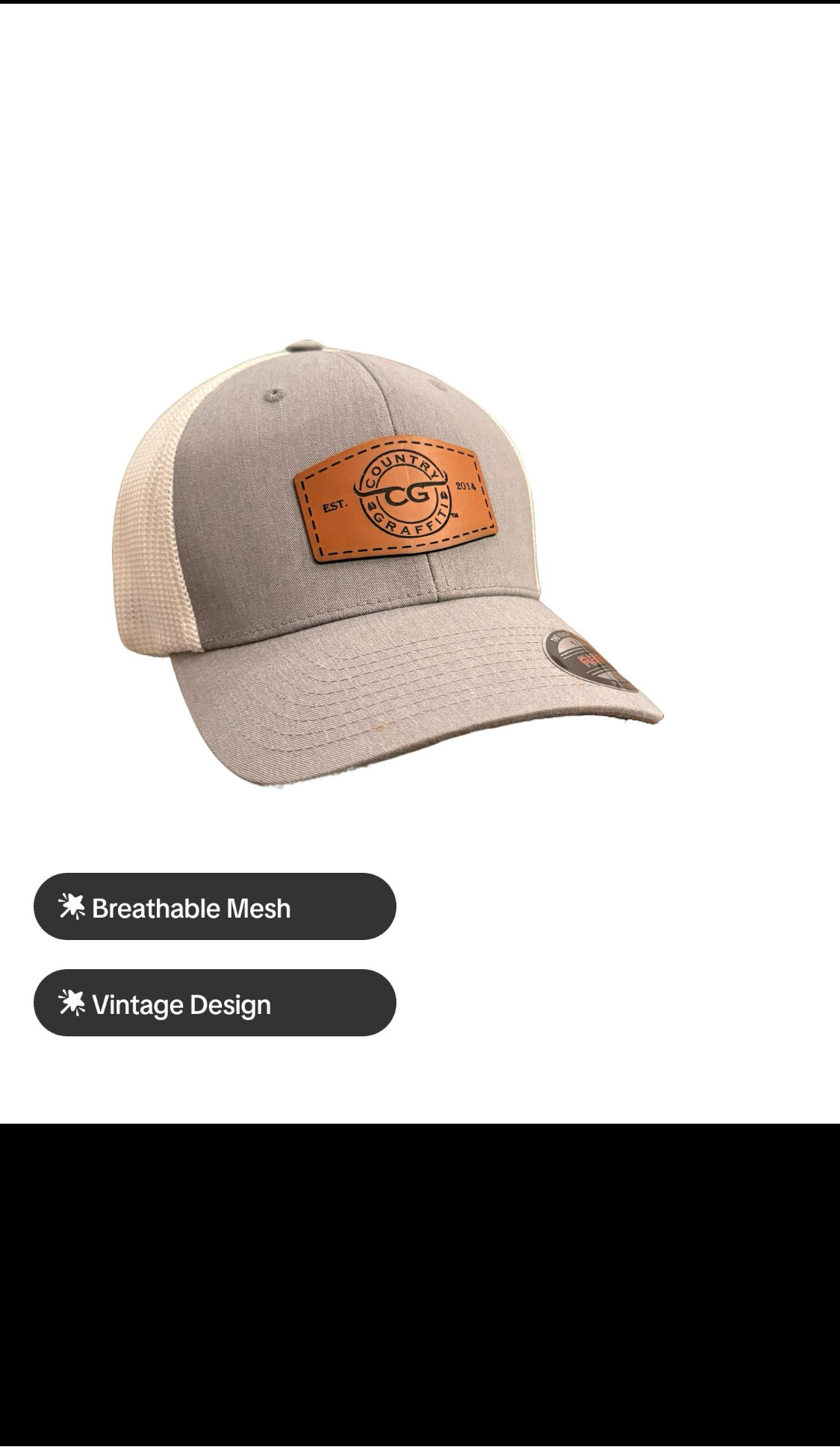 A beige and brown trucker-style cap with a tan leather patch on the front, shown on a white background with two dark gray text badges below reading 'Breathable Mesh' and 'Vintage Design'.