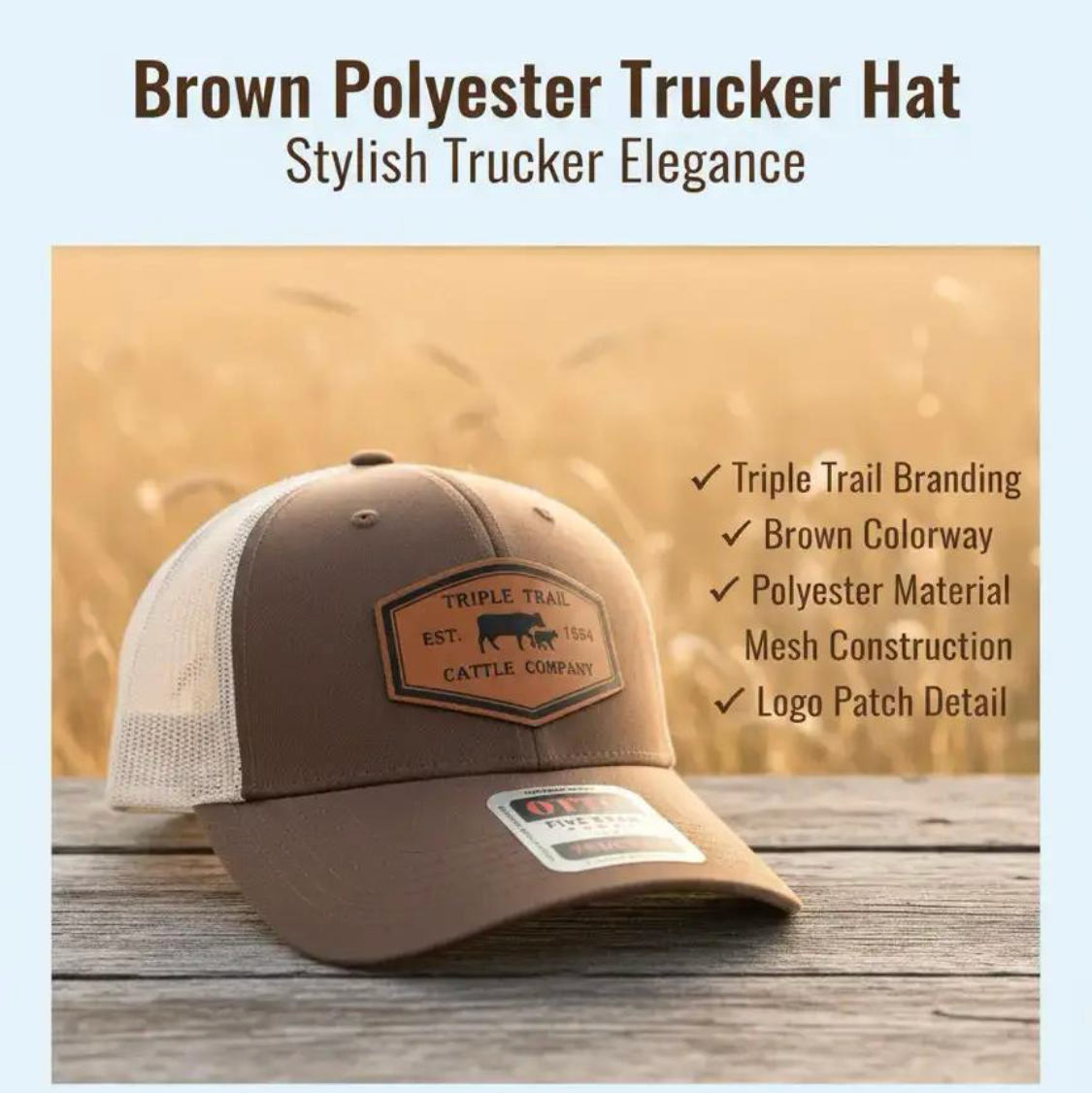 A brown and beige trucker hat displayed on a wooden surface with a blurred outdoor background. Text above reads 'Brown Polyester Trucker Hat' and 'Stylish Trucker Elegance,' with feature bullet points on the right.