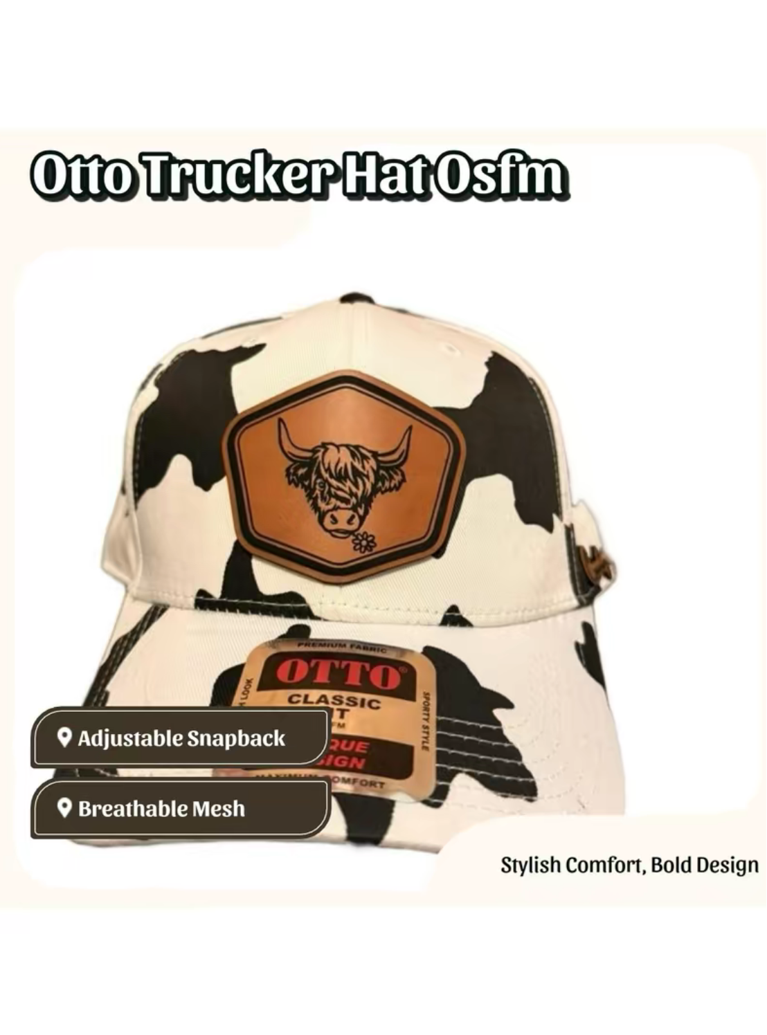 A camouflage trucker hat with a brown leather patch featuring a bull logo and 'OTTO' branding, shown on a white background with product text overlays.