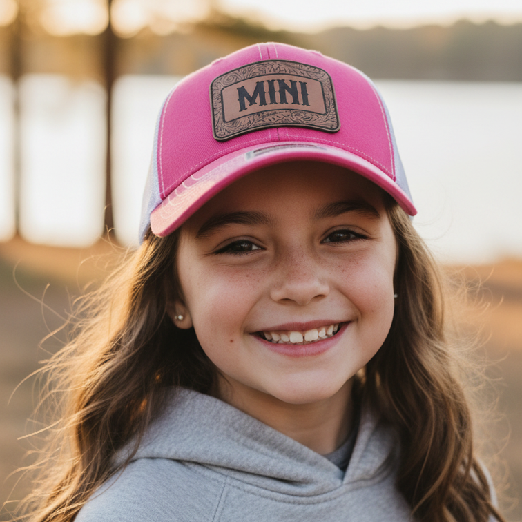 A smiling young girl with long brown hair wears a pink trucker-style cap with a brown patch reading 'MINI' and a gray hoodie, photographed outdoors with a blurred natural background.