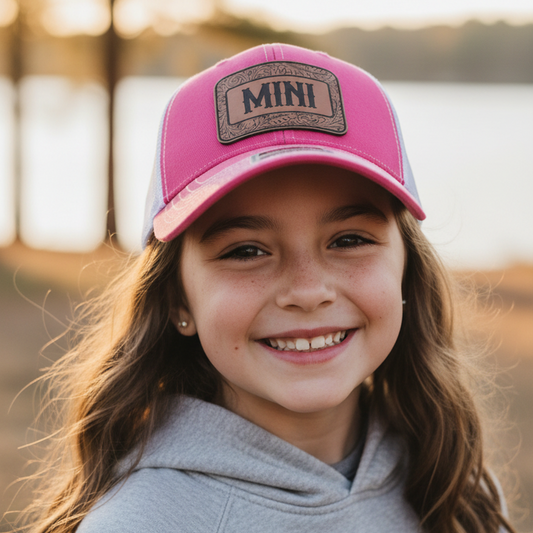 A smiling young girl with long brown hair wears a pink trucker-style cap with a brown patch reading 'MINI' and a gray hoodie, photographed outdoors with a blurred natural background.