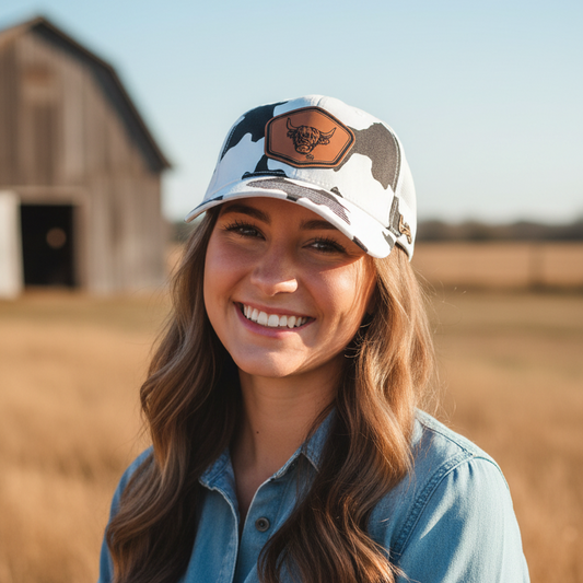 A smiling woman outdoors in a field wearing a white camouflage baseball cap with a brown logo patch and a light blue denim shirt. A barn is visible in the background under a clear blue sky.