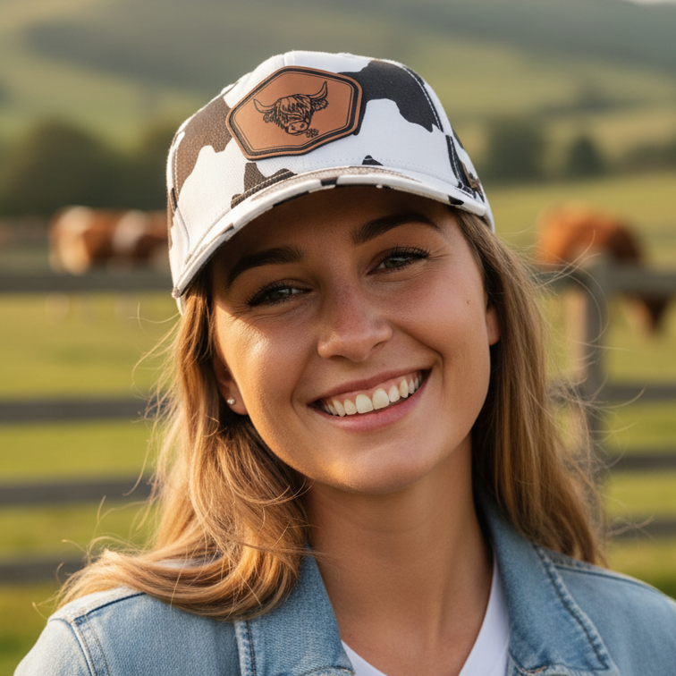 A smiling woman outdoors wearing a white and black cow-print baseball cap with a brown patch logo, a light blue denim jacket, and a white t-shirt, with a blurred farm background.