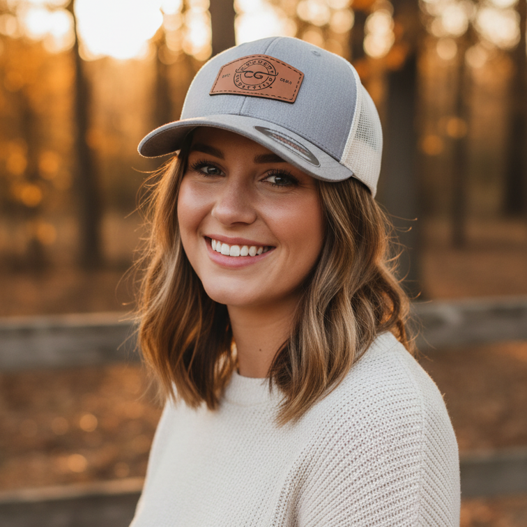 A smiling woman outdoors in a wooded setting at sunset, wearing a light gray and white trucker-style cap with a brown leather patch that reads 'Crazy Dog Outfitters' and a cream knit sweater.