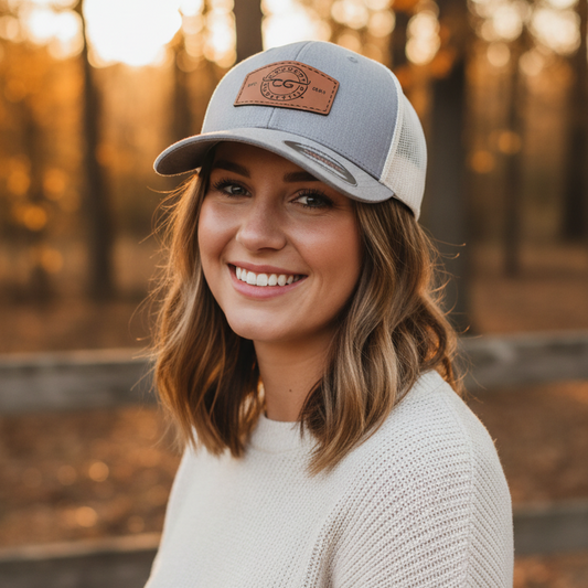 A smiling woman outdoors in a wooded setting at sunset, wearing a light gray and white trucker-style cap with a brown leather patch that reads 'Crazy Dog Outfitters' and a cream knit sweater.