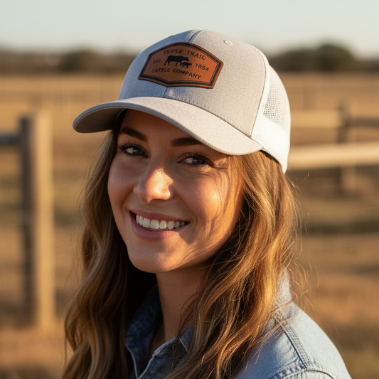 A woman outdoors wearing a light gray and white trucker-style cap with a brown leather patch on the front, paired with a light blue denim shirt. The background shows a blurred rural landscape at sunset.