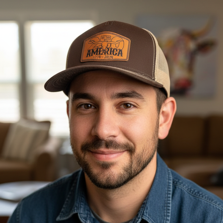 A man wearing a brown and beige trucker hat with an 'AMERICA' patch and a blue denim shirt, photographed in a softly blurred indoor setting. The image has an 'AI-generated' watermark in the bottom-left corner.