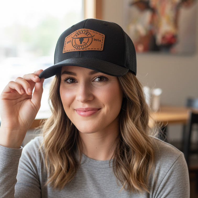 A woman wearing a black baseball cap with a brown leather patch that reads 'Texas Ranch' and a bull logo, sitting indoors at a wooden table.